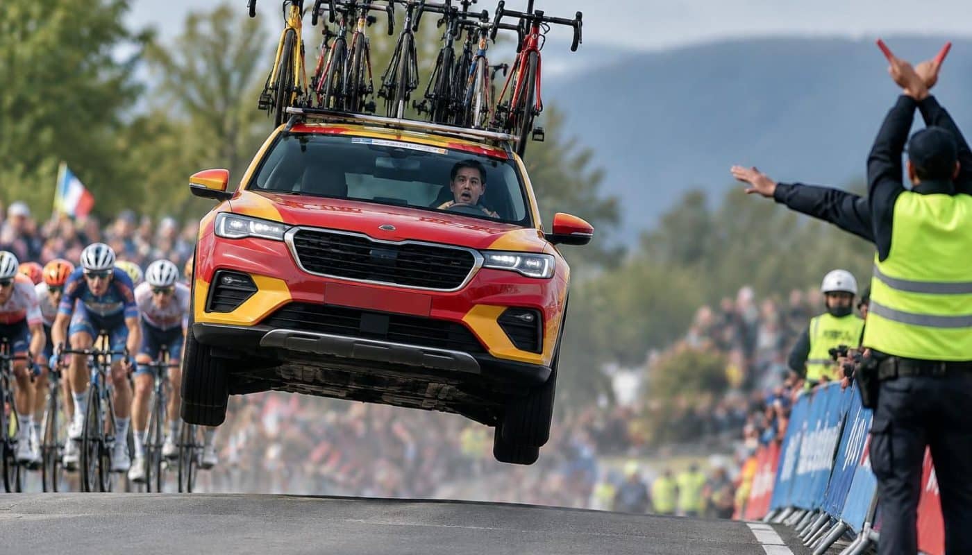 aux mondiaux de cyclisme, la voiture du sélectionneur espagnol décolle en pleine course. après cet incident spectaculaire, il est exclu.