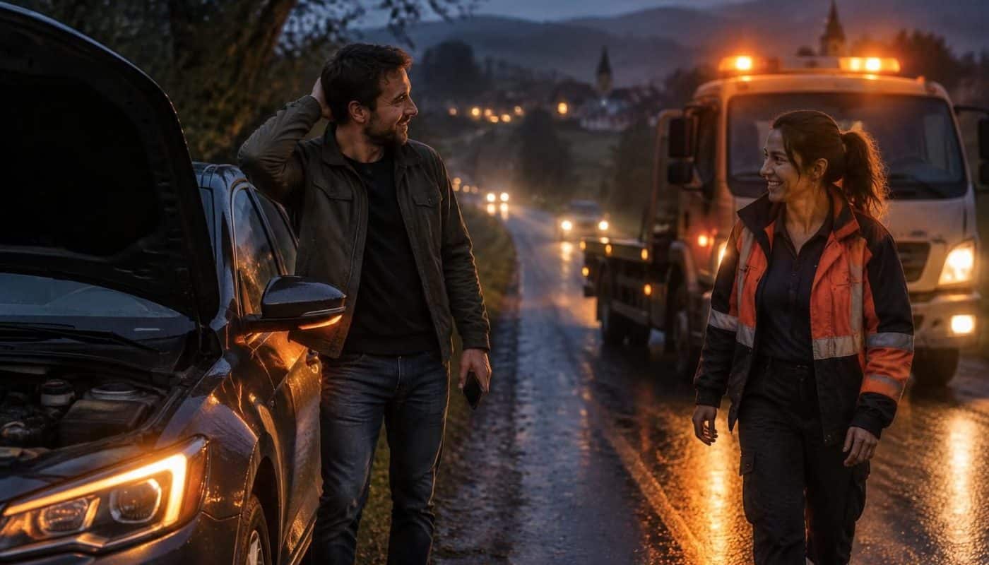 en panne sur la route, il appelle un dépanneur pour l’aider. mais cette soirée ordinaire prend rapidement une tournure totalement inattendue.