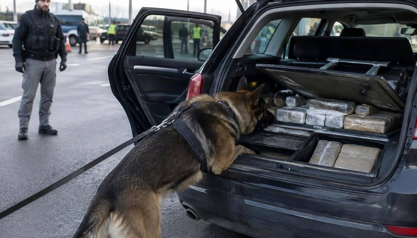 un chien renifleur découvre plus d’un million d’euros de cocaïne cachée dans une voiture, lors d’une opération policière.