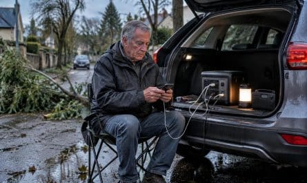 après la coupure d’électricité provoquée par la tempête nils, un conducteur de 64 ans utilise sa voiture pour recharger ses appareils.